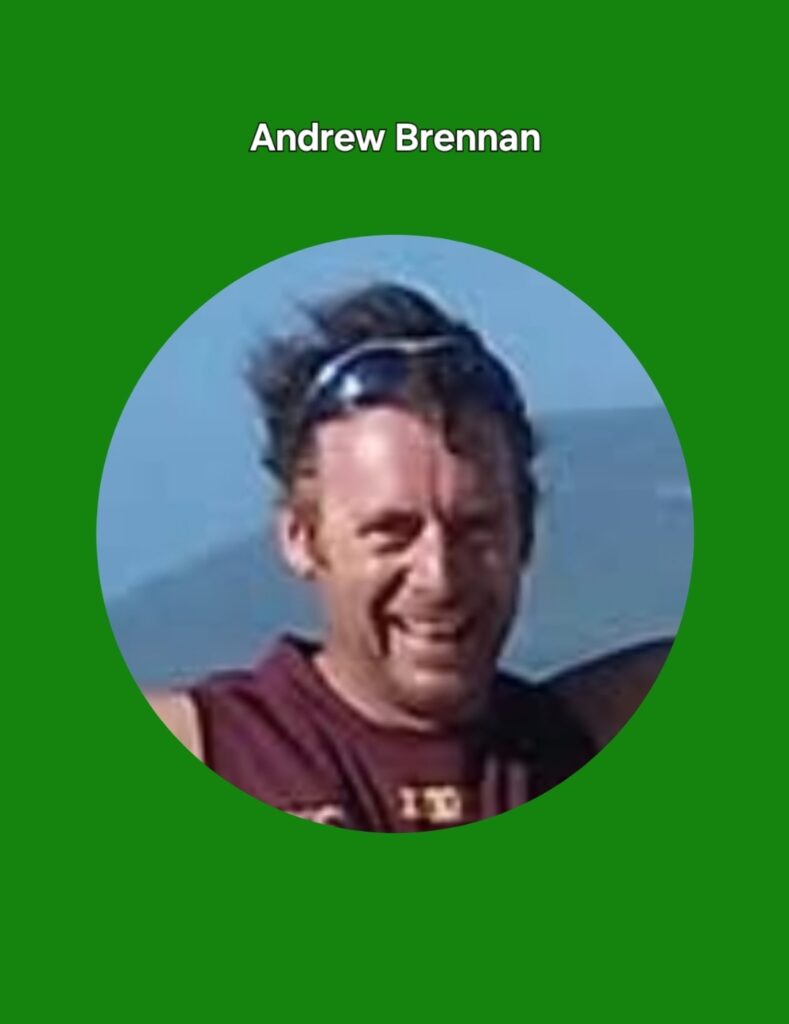 Profile header for Andrew Brennan with a circular photo on a solid green background, showing a smiling man outdoors.