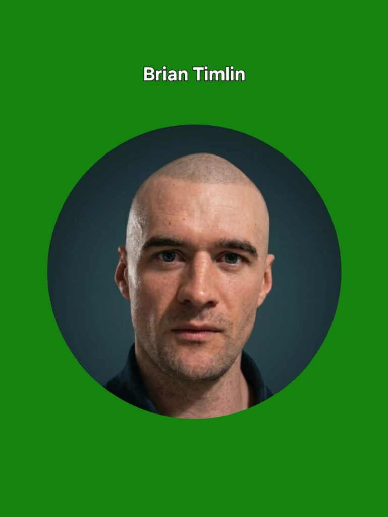 Profile card with a head-and-shoulders portrait of Brian Timlin on a solid green background (circle crop).
